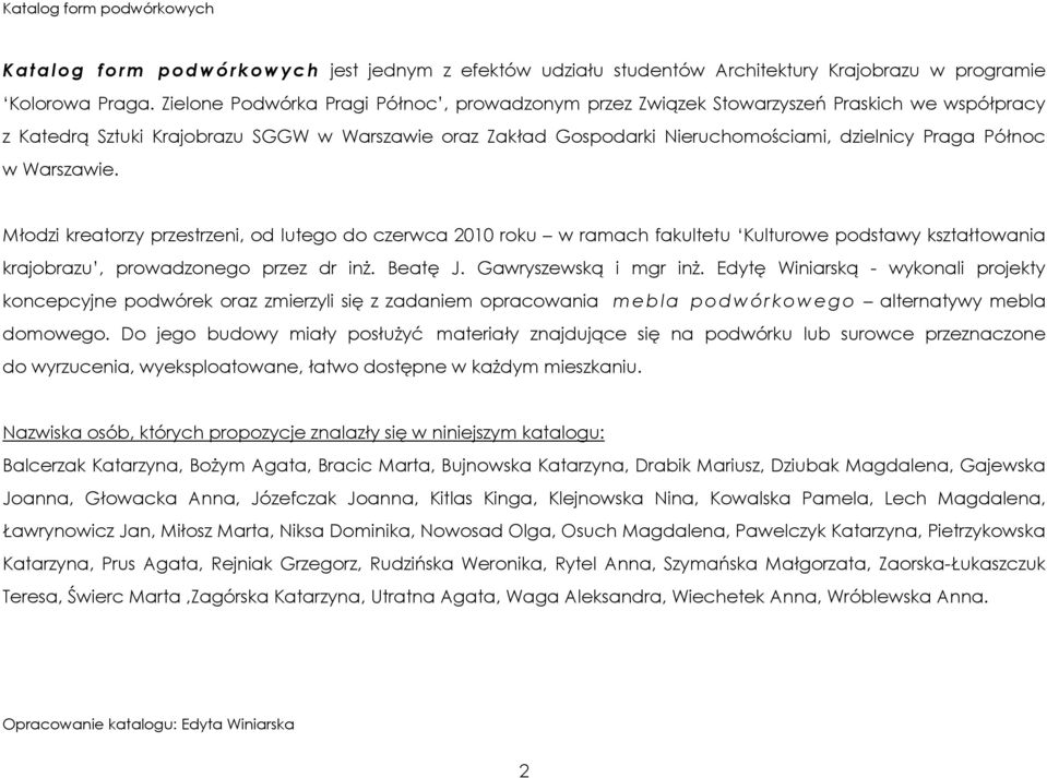 Północ w Warszawie. Młodzi kreatorzy przestrzeni, od lutego do czerwca 2010 roku w ramach fakultetu Kulturowe podstawy kształtowania krajobrazu, prowadzonego przez dr inŝ. Beatę J.