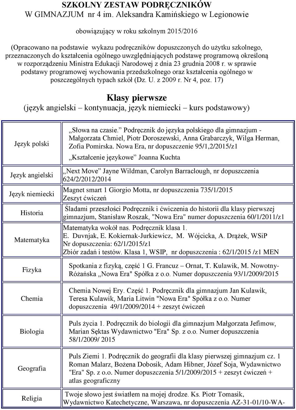 uwzględniających podstawę programową określoną w rozporządzeniu Ministra Edukacji Narodowej z dnia 23 grudnia 2008 r.