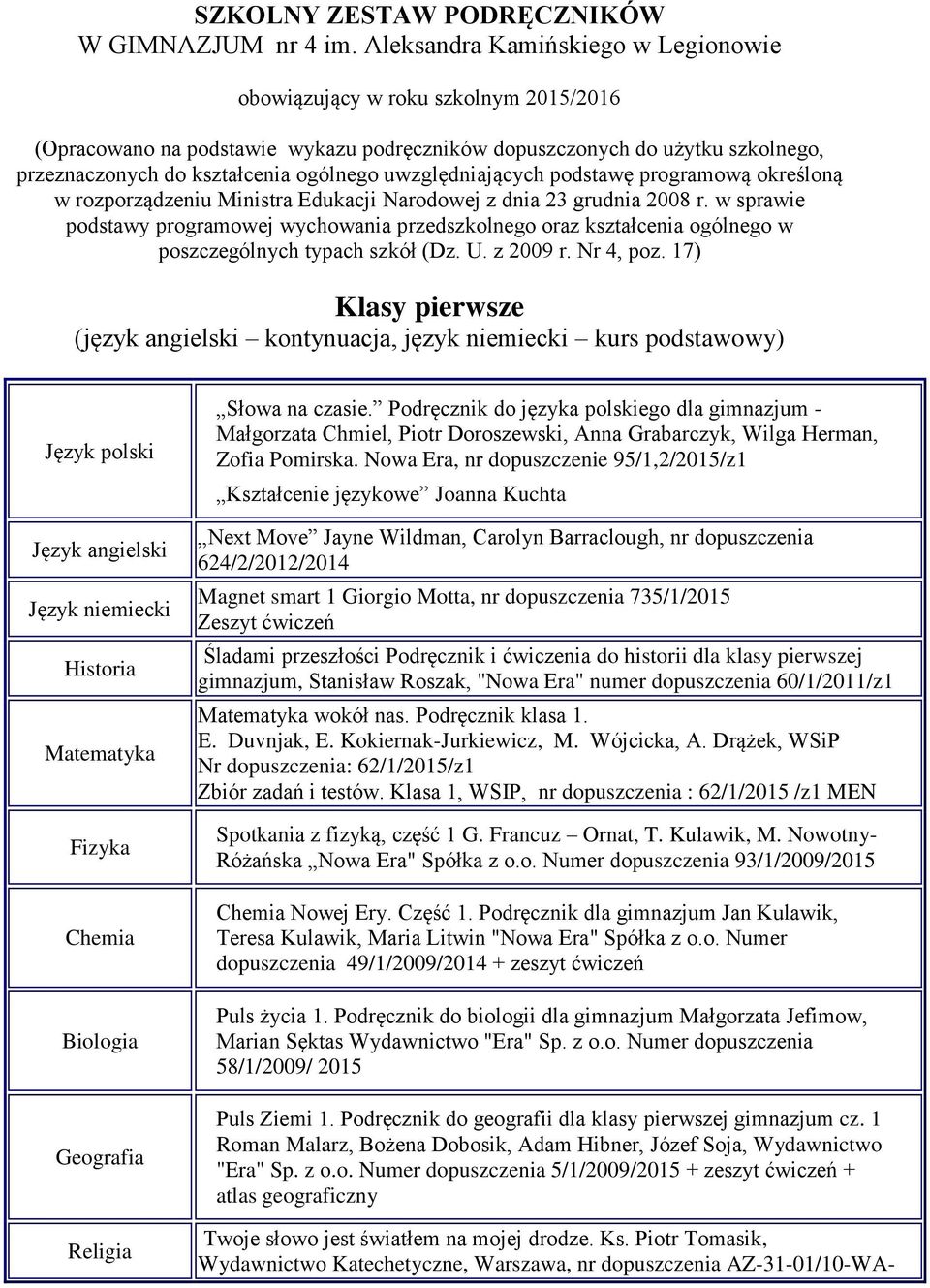 uwzględniających podstawę programową określoną w rozporządzeniu Ministra Edukacji Narodowej z dnia 23 grudnia 2008 r.