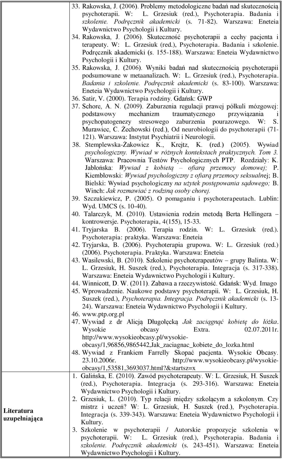 Podręcznik akademicki (s. 155-188). Warszawa: Eneteia Wydawnictwo Psychologii i Kultury. 35. Rakowska, J. (2006). Wyniki badań nad skutecznością psychoterapii podsumowane w metaanalizach. W: L.