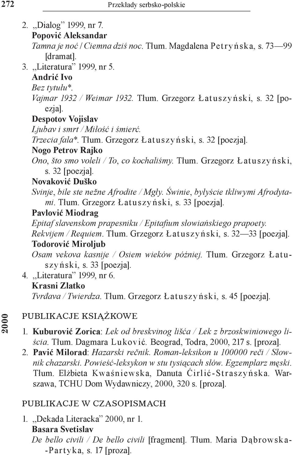 32 [poezja]. Nogo Petrov Rajko Ono, što smo voleli / To, co kochaliśmy. Tłum. Grzegorz Łat usz y ński, s. 32 [poezja]. Novaković Duško Svinje, bile ste nežne Afrodite / Mgły.