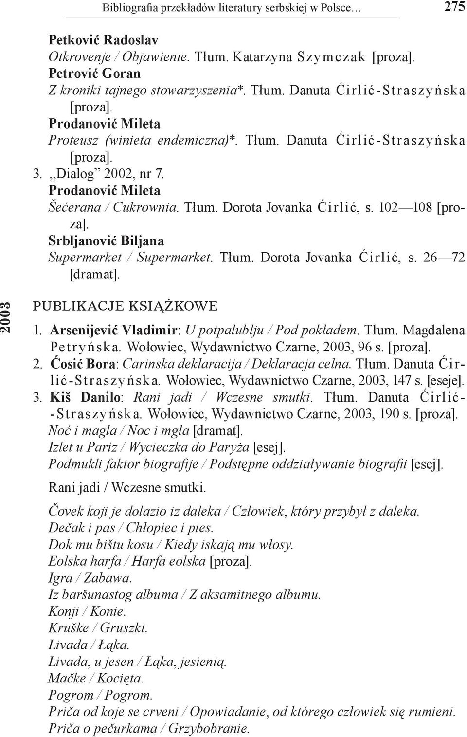 102 108 [proza]. Srbljanović Biljana Supermarket / Supermarket. Tłum. Dorota Jovanka Ćirlić, s. 26 72 [dramat]. 2003 1. Arsenijević Vladimir: U potpalublju / Pod pokładem. Tłum. Magdalena Pe t r y ń sk a.