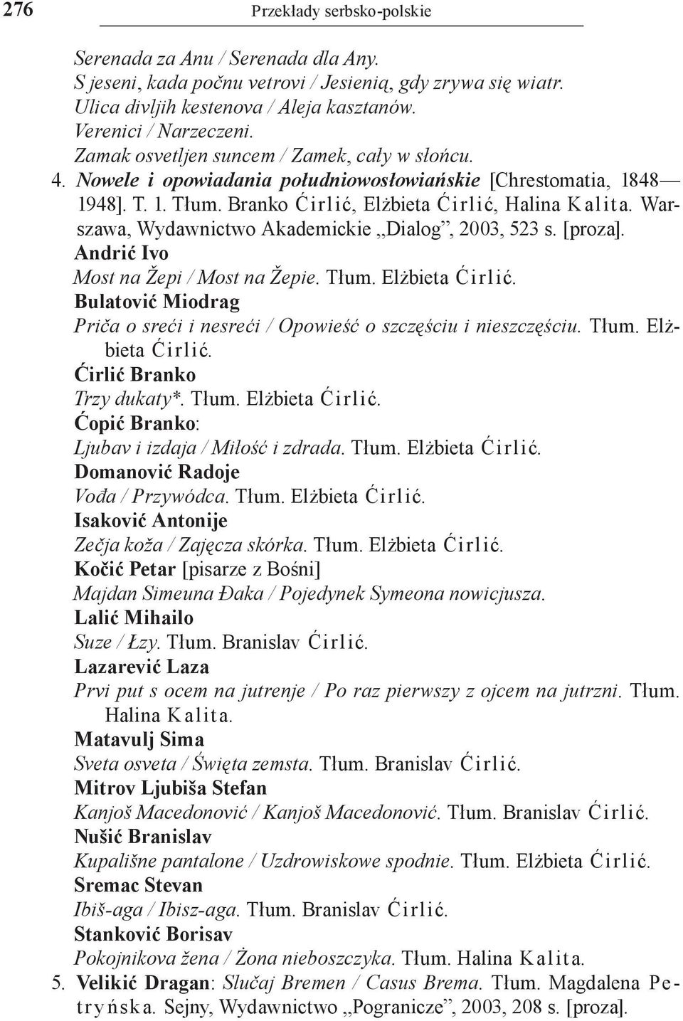 Warszawa, Wydawnictwo Akademickie Dialog, 2003, 523 s. [proza]. Andrić Ivo Most na Žepi / Most na Žepie. Tłum. Elżbieta Ćirlić.