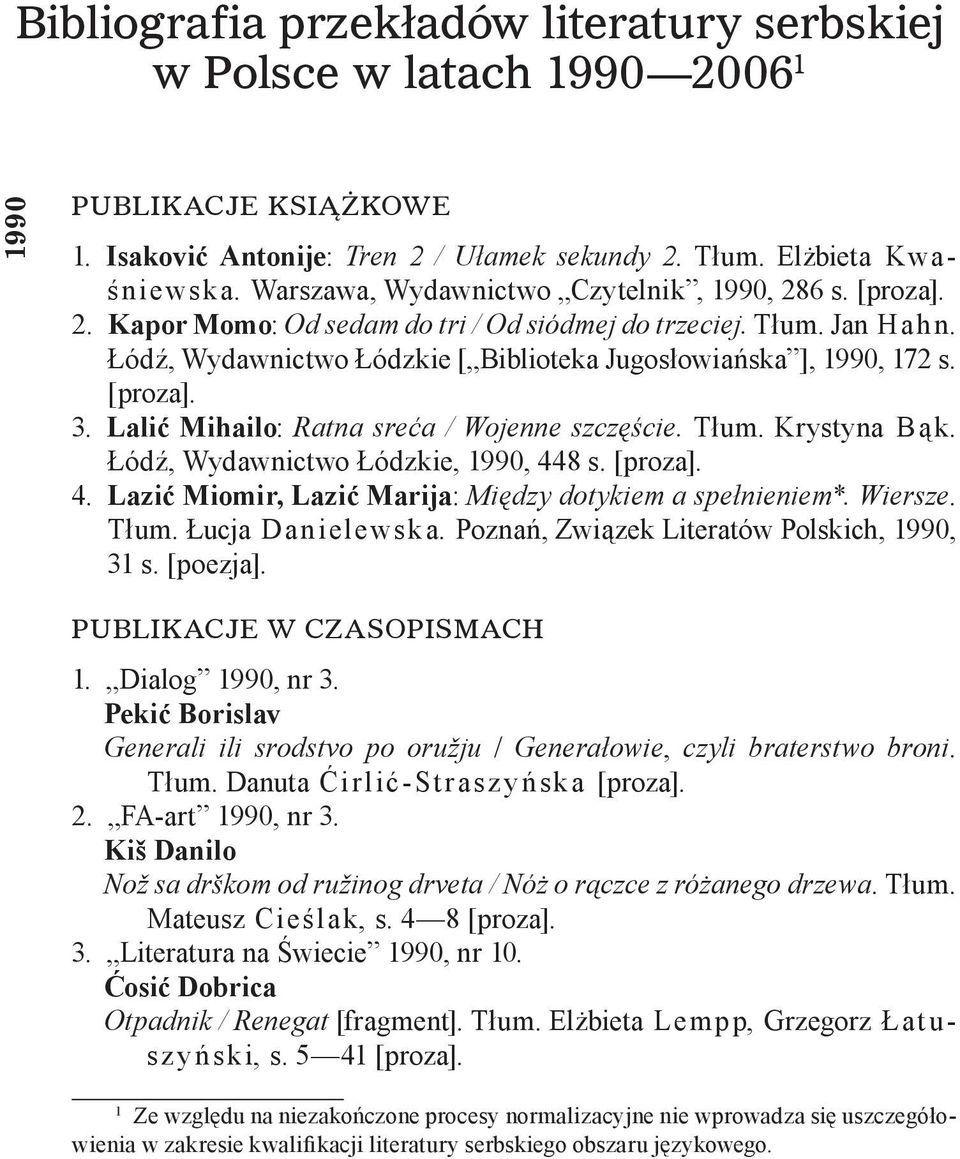 [proza]. 3. Lalić Mihailo: Ratna sreća / Wojenne szczęście. Tłum. Krystyna Bąk. Łódź, Wydawnictwo Łódzkie, 1990, 448 s. [proza]. 4. Lazić Miomir, Lazić Marija: Między dotykiem a spełnieniem*. Wiersze.