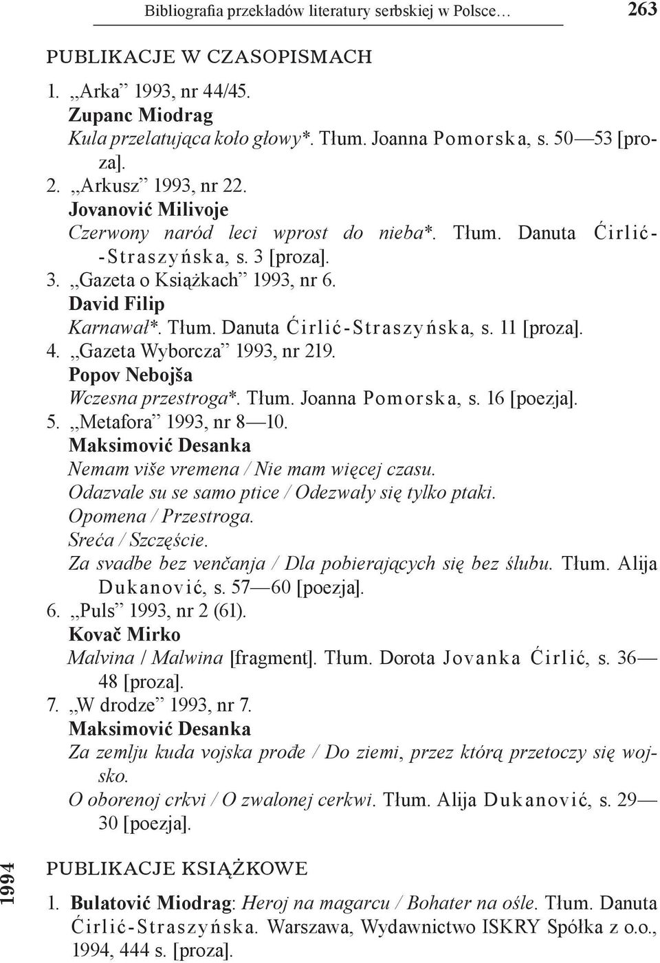 11 [proza]. 4. Gazeta Wyborcza 1993, nr 219. Popov Nebojša Wczesna przestroga*. Tłum. Joanna Pomorska, s. 16 [poezja]. 5. Metafora 1993, nr 8 10.