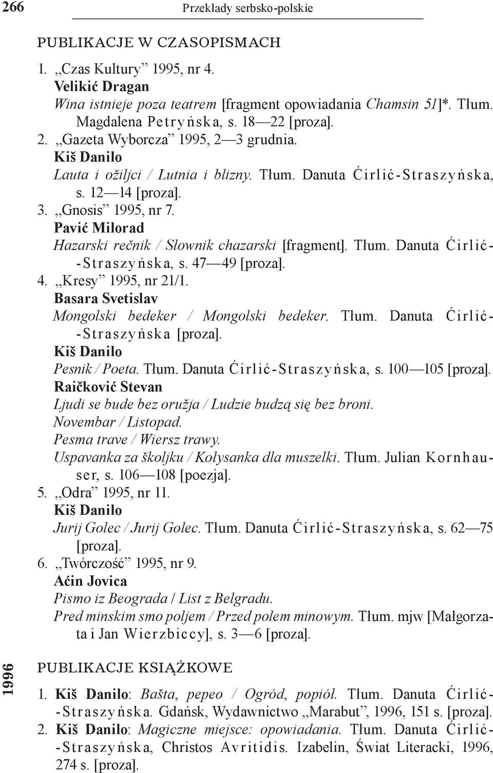 Pavić Milorad Hazarski rečnik / Słownik chazarski [fragment]. Tłum. Danuta Ći rl ić- St rasz y ńska, s. 47 49 [proza]. 4. Kresy 1995, nr 21/1. Basara Svetislav Mongolski bedeker / Mongolski bedeker.