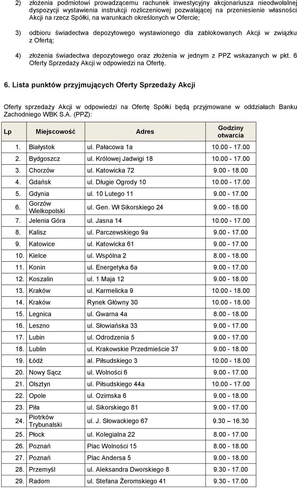 wskazanych w pkt. 6 Oferty Sprzedaży Akcji w odpowiedzi na Ofertę. 6. Lista punktów przyjmujących Oferty Sprzedaży Akcji Oferty sprzedaży Akcji w odpowiedzi na Ofertę Spółki będą przyjmowane w oddziałach Banku Zachodniego WBK S.