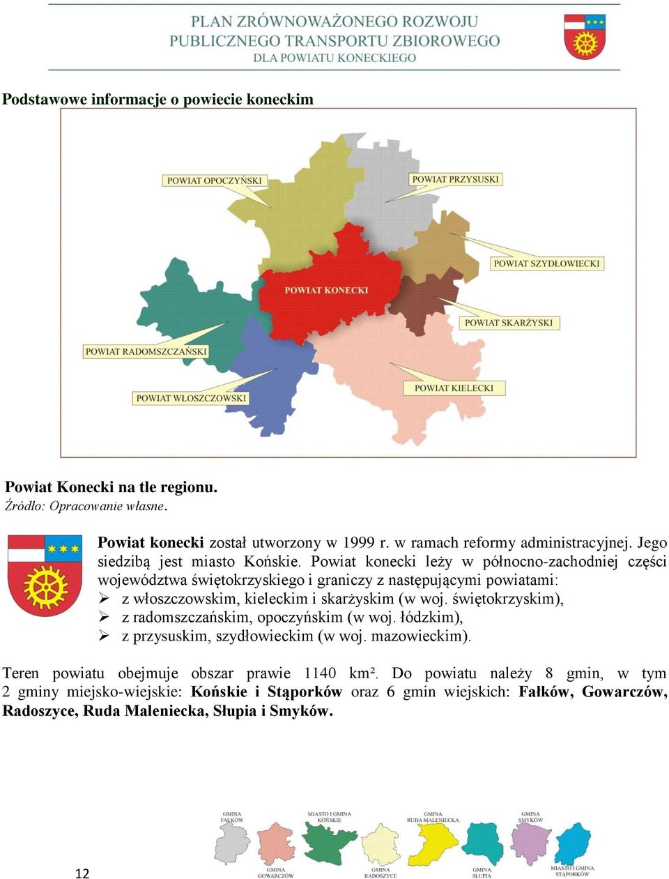 Powiat konecki leży w północno-zachodniej części województwa świętokrzyskiego i graniczy z następującymi powiatami: z włoszczowskim, kieleckim i skarżyskim (w woj.