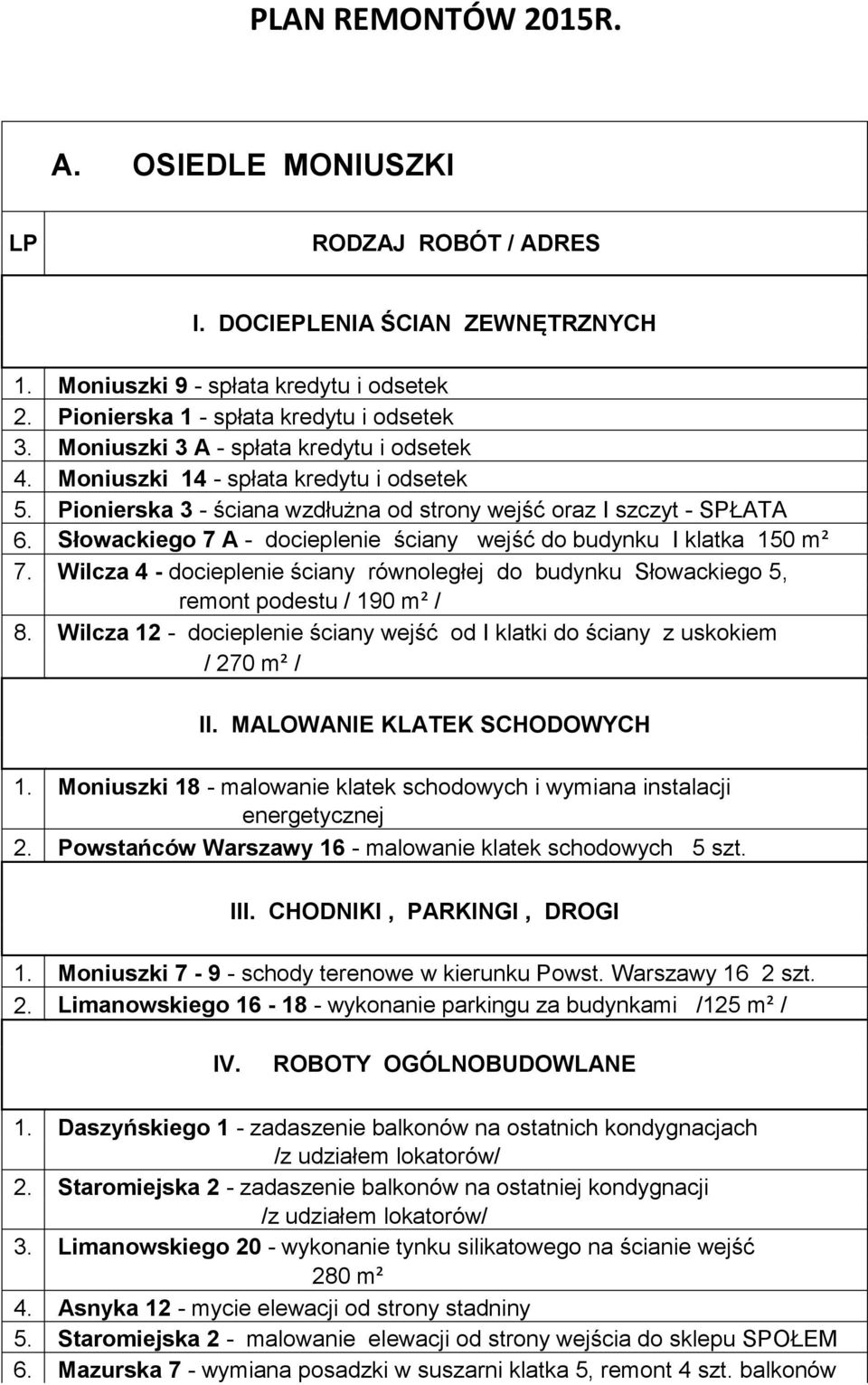 Słowackiego 7 A - docieplenie ściany wejść do budynku I klatka 150 m² 7. Wilcza 4 - docieplenie ściany równoległej do budynku Słowackiego 5, remont podestu / 190 m² / 8.