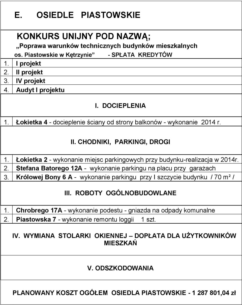 Łokietka 2 - wykonanie miejsc parkingowych przy budynku-realizacja w 2014r. 2. Stefana Batorego 12A - wykonanie parkingu na placu przy garażach 3.