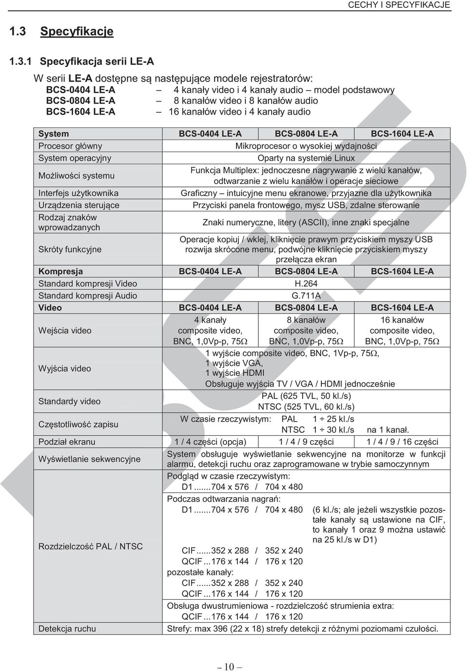 1 Specyfikacja serii LE-A W serii LE-A dostępne są następujące modele rejestratorów: BCS-0404 LE-A 4 kanały video i 4 kanały audio model podstawowy BCS-0804 LE-A 8 kanałów video i 8 kanałów audio