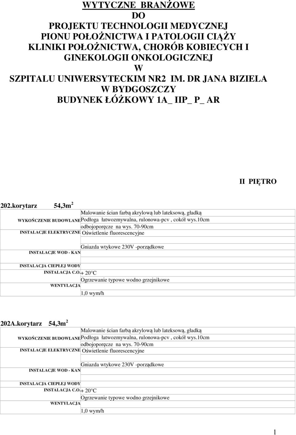 70-90cm INSTALACJE ELEKTRYCZNE Oświetlenie fluorescencyjne Gniazda wtykowe 230V -porządkowe INSTALACJE WOD - KAN INSTALACJA CIEPŁEJ WODY WENTYLACJA 1,0 wym/h 202A.