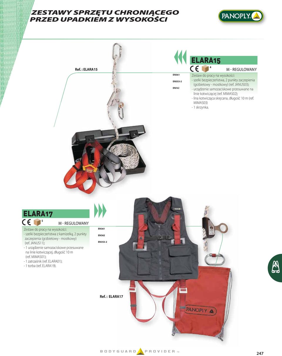 JANUS03); - urządzenie samozaciskowe przesuwane na linie kotwiczącej (ref. MIMAS0); - lina kotwicząca skręcana, długość 0 m (ref. MIMAS03) - skrzynka.