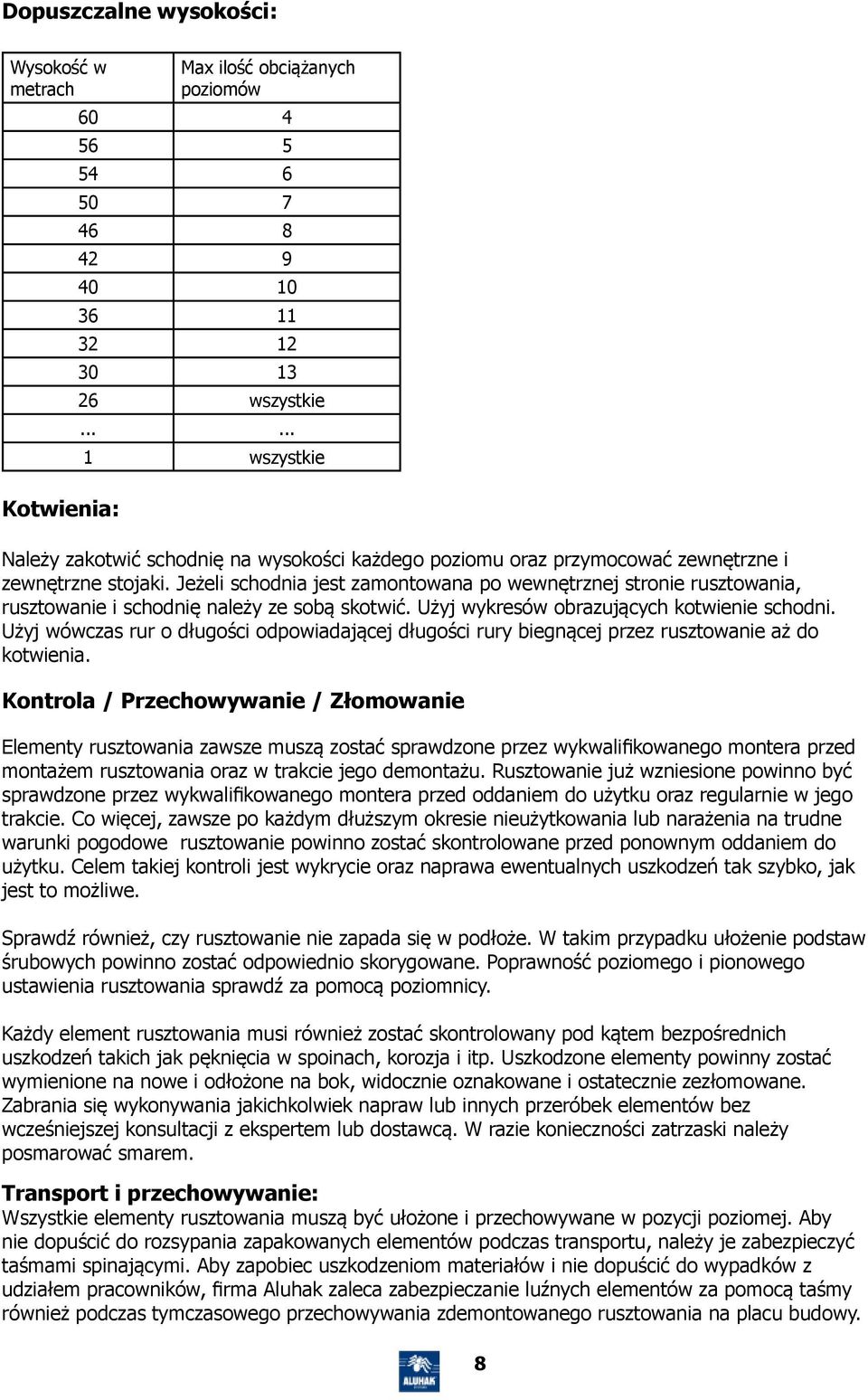 Jeżeli schodnia jest zamontowana po wewnętrznej stronie rusztowania, rusztowanie i schodnię należy ze sobą skotwić. Użyj wykresów obrazujących kotwienie schodni.