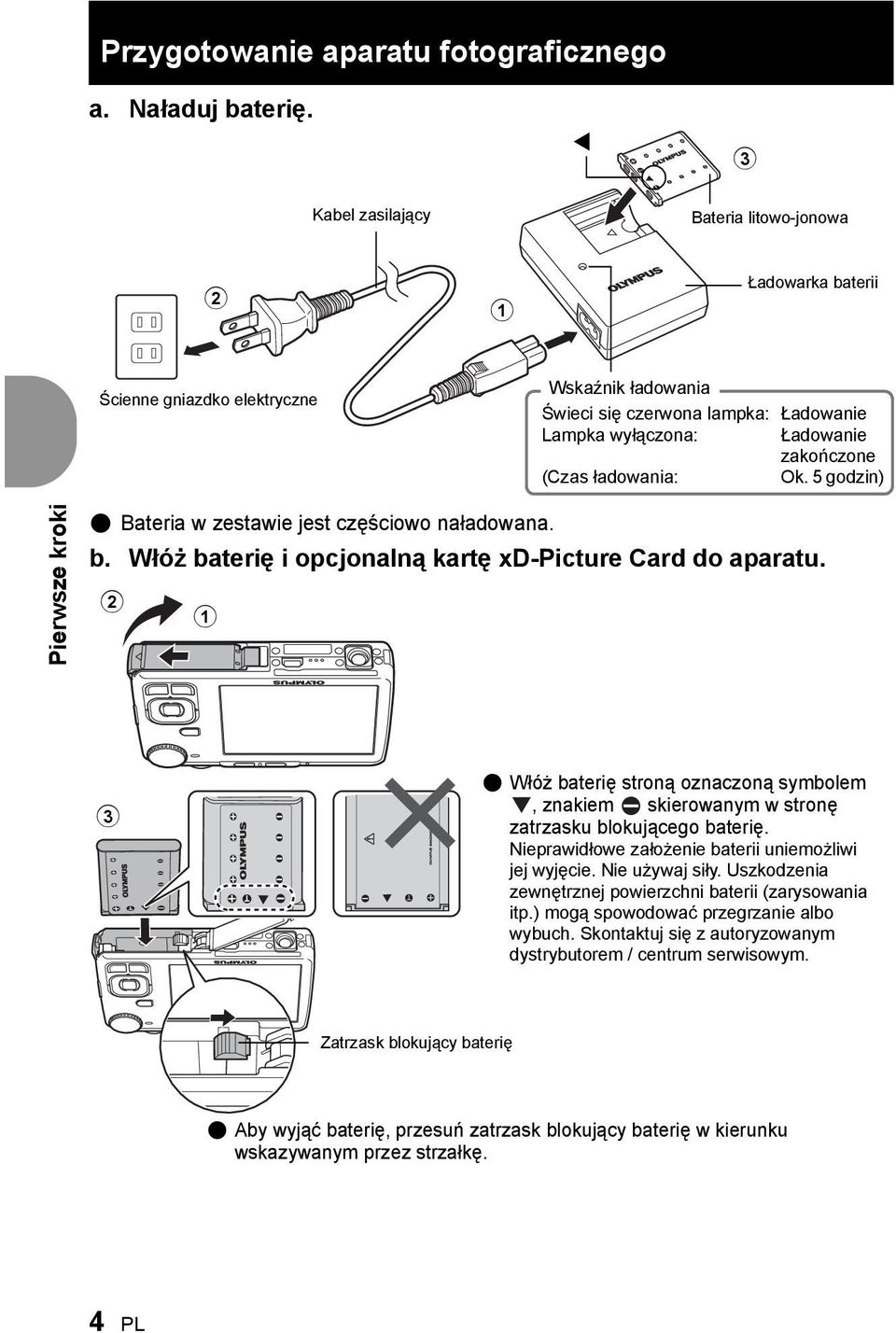 ładowania: Ok. 5 godzin) Pierwsze kroki ( Bateria w zestawie jest częściowo naładowana. b. Włóż baterię i opcjonalną kartę xd-picture Card do aparatu.