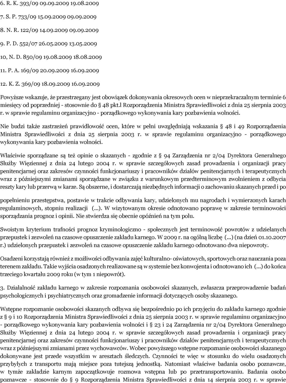l Rozporządzenia Ministra Sprawiedliwości z dnia 25 sierpnia 2003 r. w sprawie regulaminu organizacyjno - porządkowego wykonywania kary pozbawienia wolności.