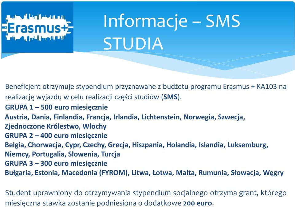 Chorwacja, Cypr, Czechy, Grecja, Hiszpania, Holandia, Islandia, Luksemburg, Niemcy, Portugalia, Słowenia, Turcja GRUPA 3 300 euro miesięcznie Bułgaria, Estonia, Macedonia