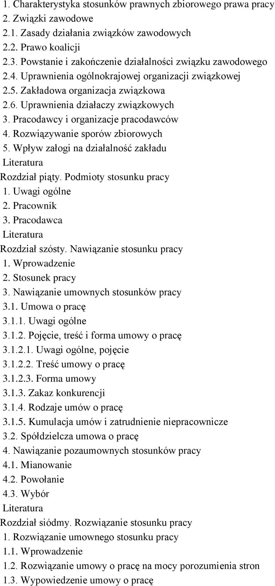 Pracodawcy i organizacje pracodawców 4. Rozwiązywanie sporów zbiorowych 5. Wpływ załogi na działalność zakładu Rozdział piąty. Podmioty stosunku pracy 1. Uwagi ogólne 2. Pracownik 3.