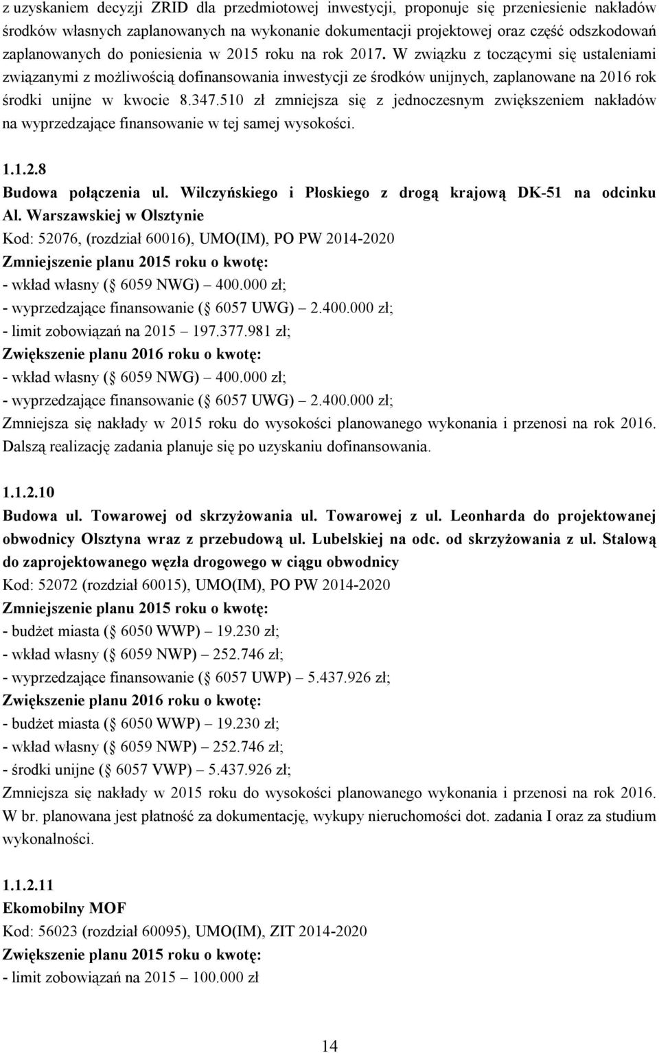 347.510 zł zmniejsza się z jednoczesnym zwiększeniem nakładów na wyprzedzające finansowanie w tej samej wysokości. 1.1.2.8 Budowa połączenia ul.