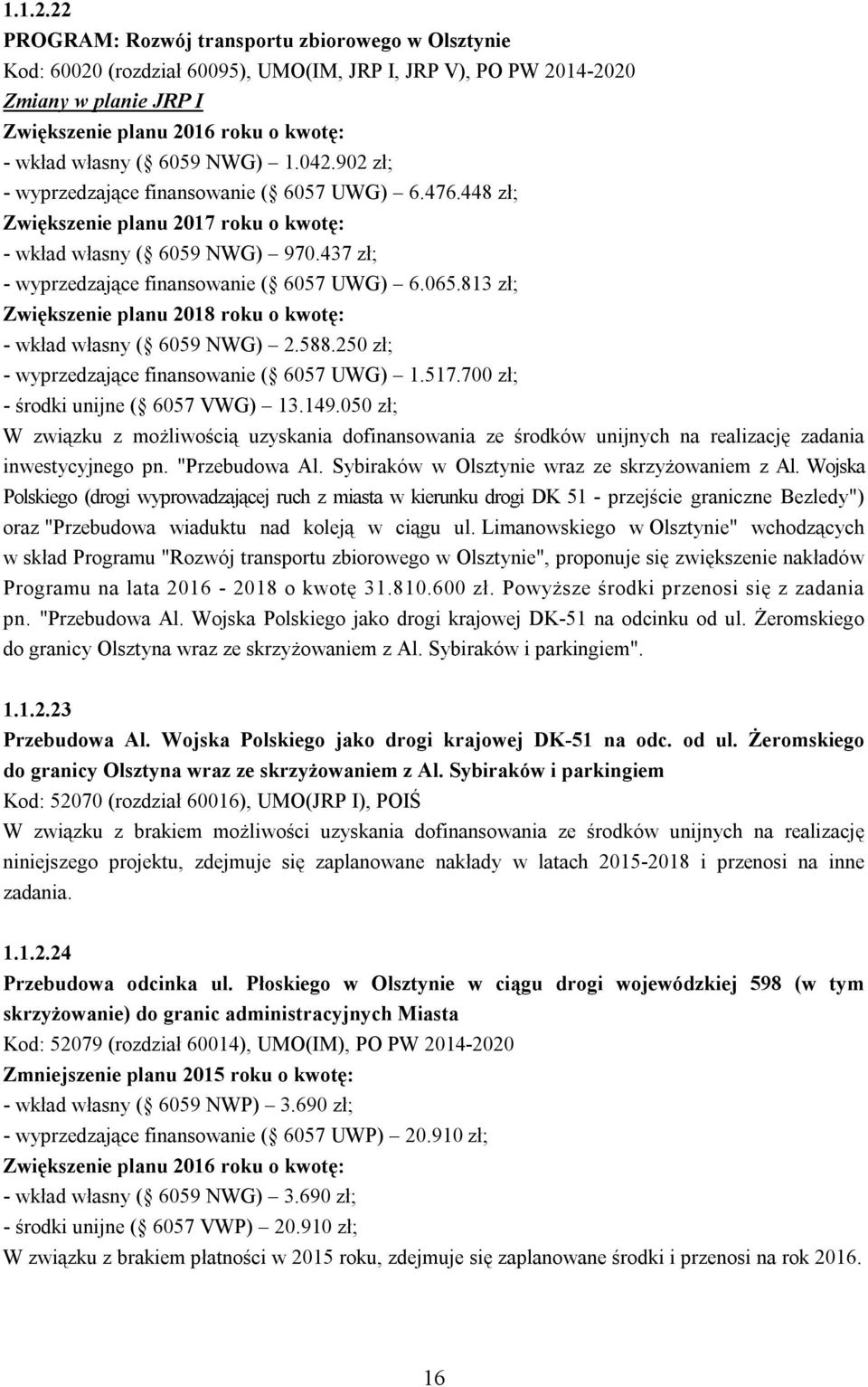 6059 NWG) 1.042.902 zł; - wyprzedzające finansowanie ( 6057 UWG) 6.476.448 zł; Zwiększenie planu 2017 roku o kwotę: - wkład własny ( 6059 NWG) 970.437 zł; - wyprzedzające finansowanie ( 6057 UWG) 6.