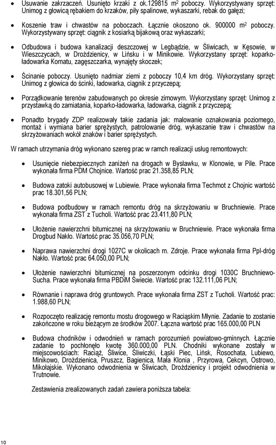 Wykorzystywany sprzęt: ciągnik z kosiarką bijakową oraz wykaszarki; Odbudowa i budowa kanalizacji deszczowej w Legbądzie, w Śliwicach, w Kęsowie, w Wieszczycach, w Drożdzienicy, w Lińsku i w