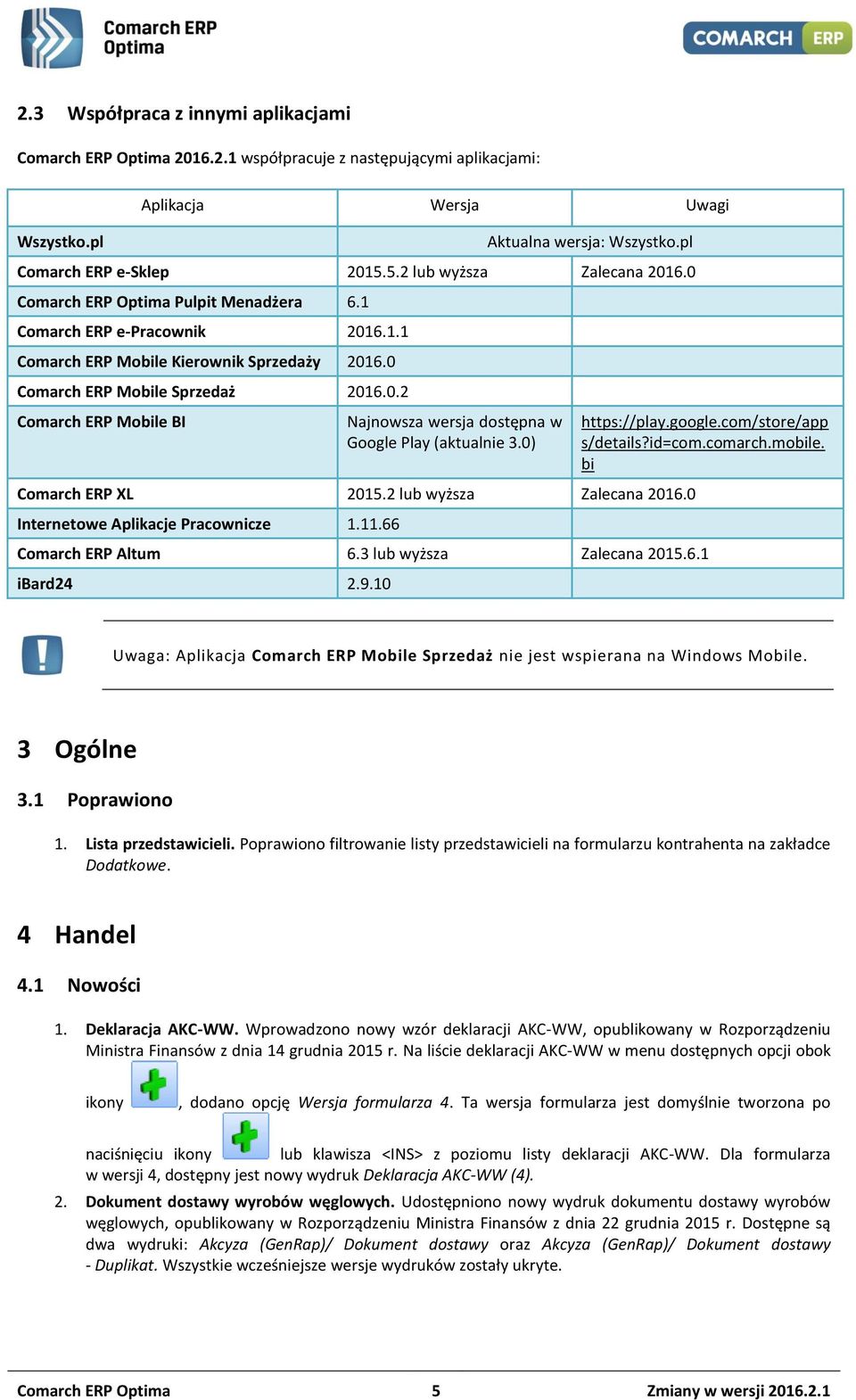 0) Comarch ERP XL 2015.2 lub wyższa Zalecana 2016.0 Internetowe Aplikacje Pracownicze 1.11.66 https://play.google.com/store/app s/details?id=com.comarch.mobile. bi Comarch ERP Altum 6.