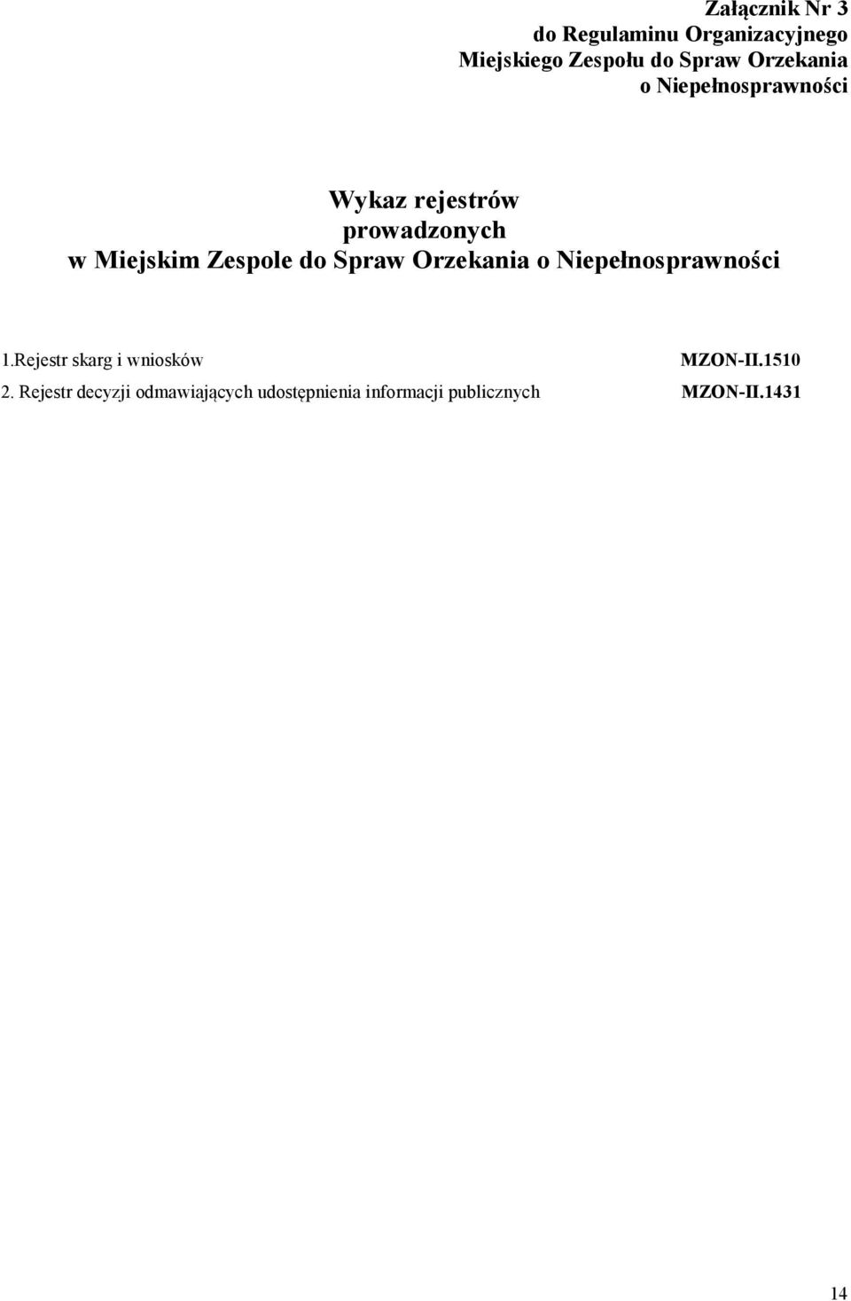 do Spraw Orzekania o Niepełnosprawności 1.Rejestr skarg i wniosków MZON-II.