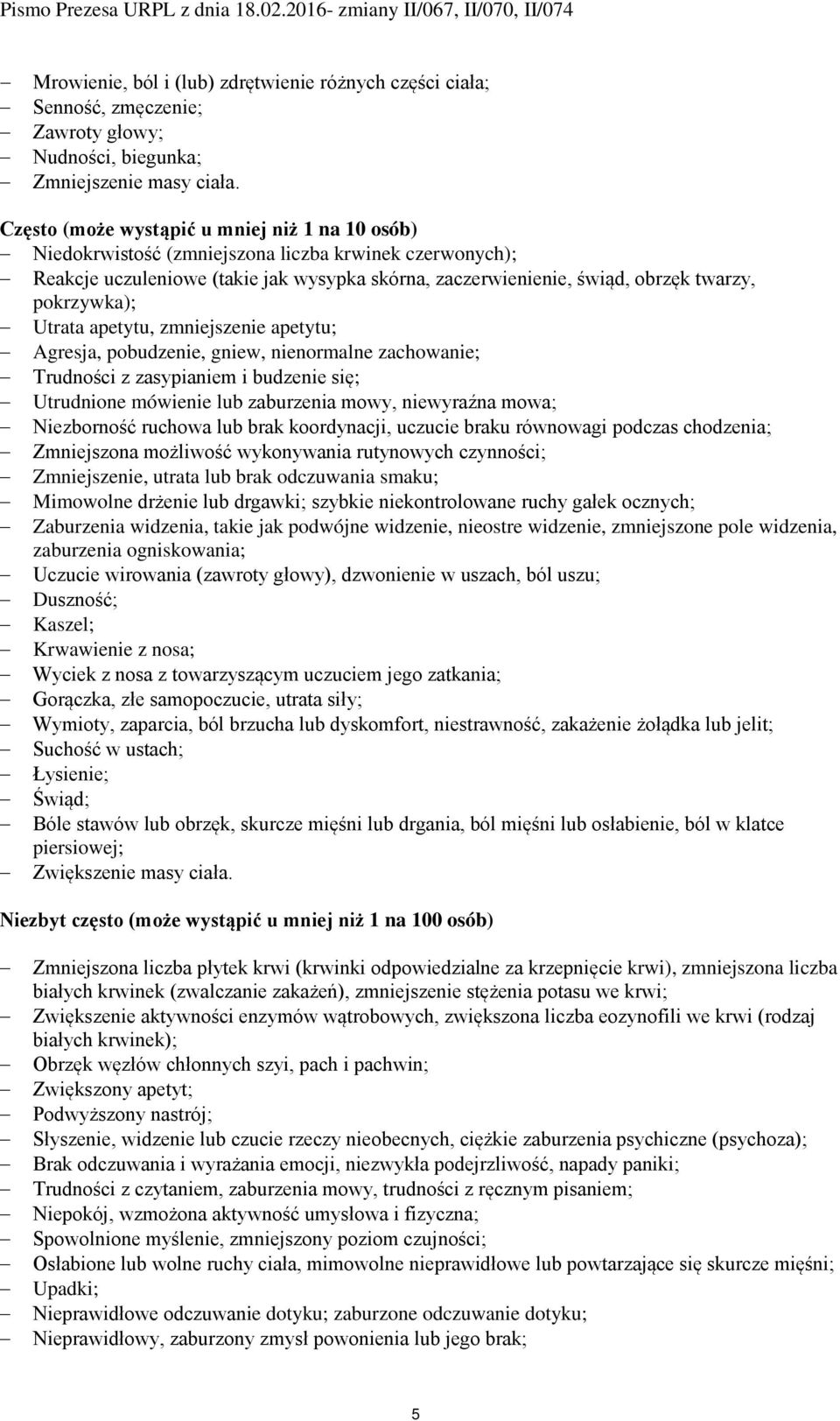 pokrzywka); Utrata apetytu, zmniejszenie apetytu; Agresja, pobudzenie, gniew, nienormalne zachowanie; Trudności z zasypianiem i budzenie się; Utrudnione mówienie lub zaburzenia mowy, niewyraźna mowa;