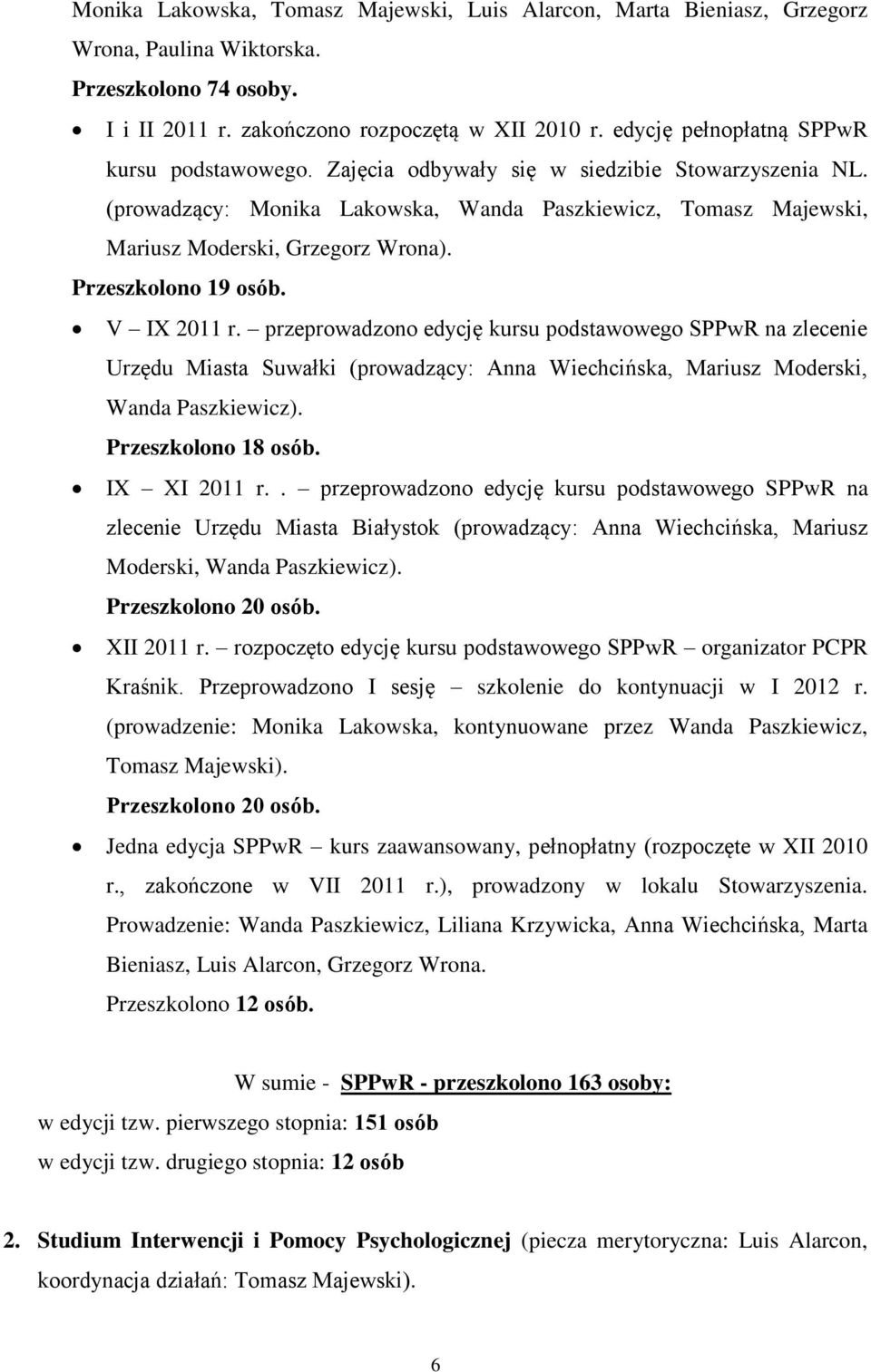 Przeszkolono 19 osób. V IX 2011 r. przeprowadzono edycję kursu podstawowego SPPwR na zlecenie Urzędu Miasta Suwałki (prowadzący: Anna Wiechcińska, Mariusz Moderski, Wanda Paszkiewicz).