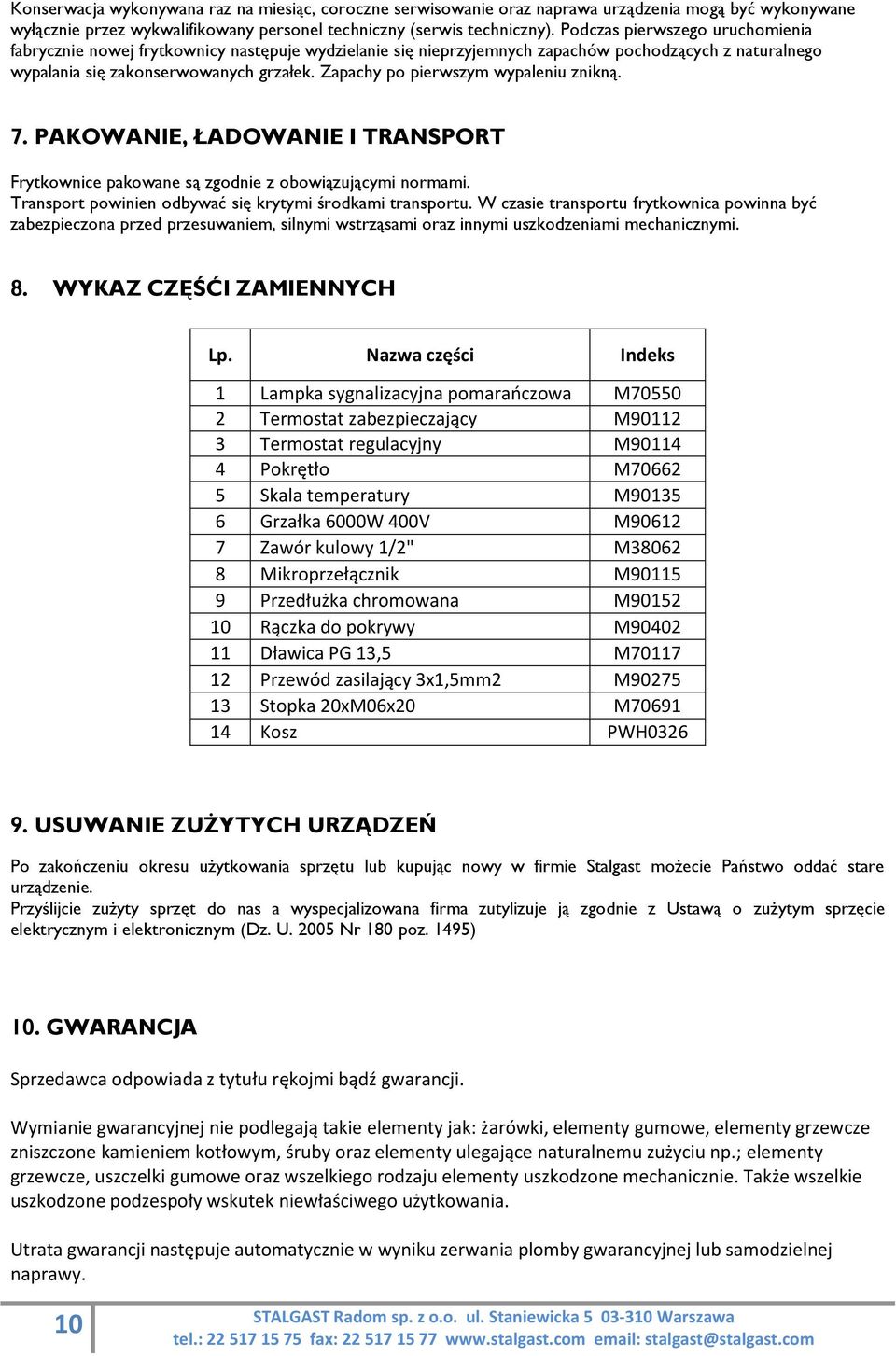 Zapachy po pierwszym wypaleniu znikną. 7. PAKOWANIE, ŁADOWANIE I TRANSPORT Frytkownice pakowane są zgodnie z obowiązującymi normami. Transport powinien odbywać się krytymi środkami transportu.