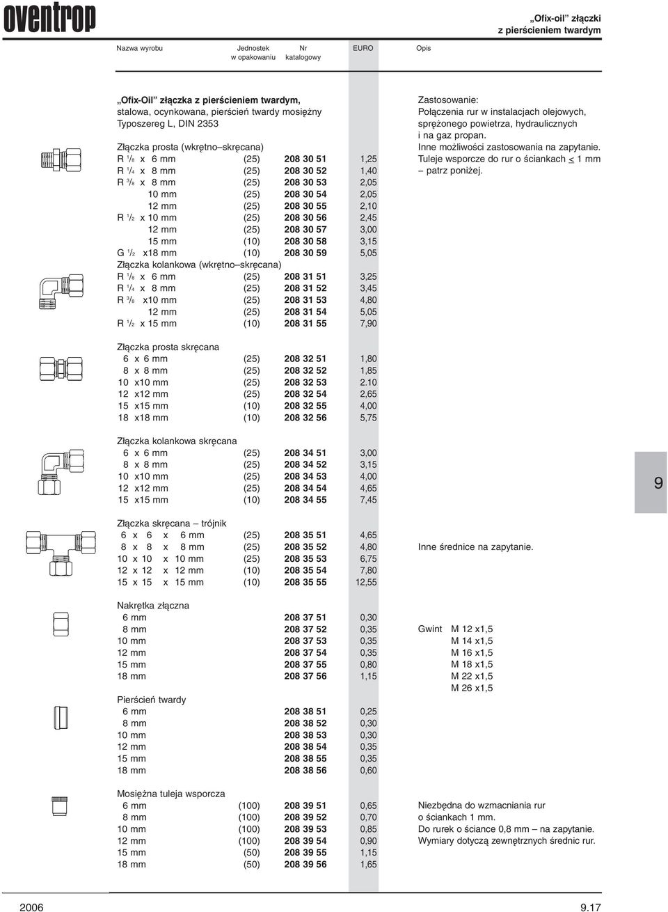 10 mm (25) 208 30 56 2,45 12 mm (25) 208 30 57 3,00 15 mm (10) 208 30 58 3,15 G 1 /2 18 mm (10) 208 30 5 5,05 Złączka kolankowa (wkrętno skręcana) R 1 /8 6 mm (25) 208 31 51 3,25 R 1 /4 8 mm (25) 208