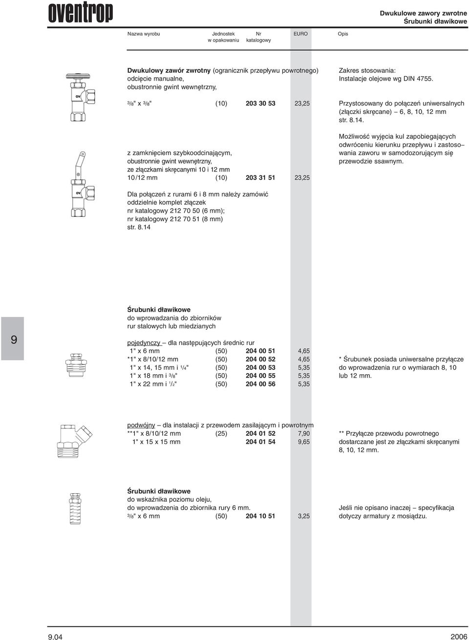 Instalacje olejowe wg DIN 4755. Przystosowany do połączeń uniwersalnych (złączki skręcane) 6, 8, 10, 12 mm str. 8.14.