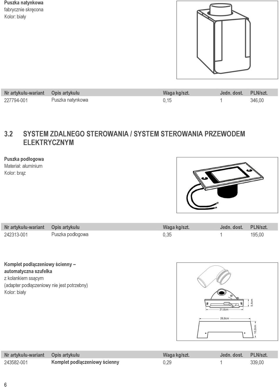 Kolor: brąz 242313-001 Puszka podłogowa 0,35 1 195,00 Komplet podłączeniowy ścienny automatyczna szufelka z