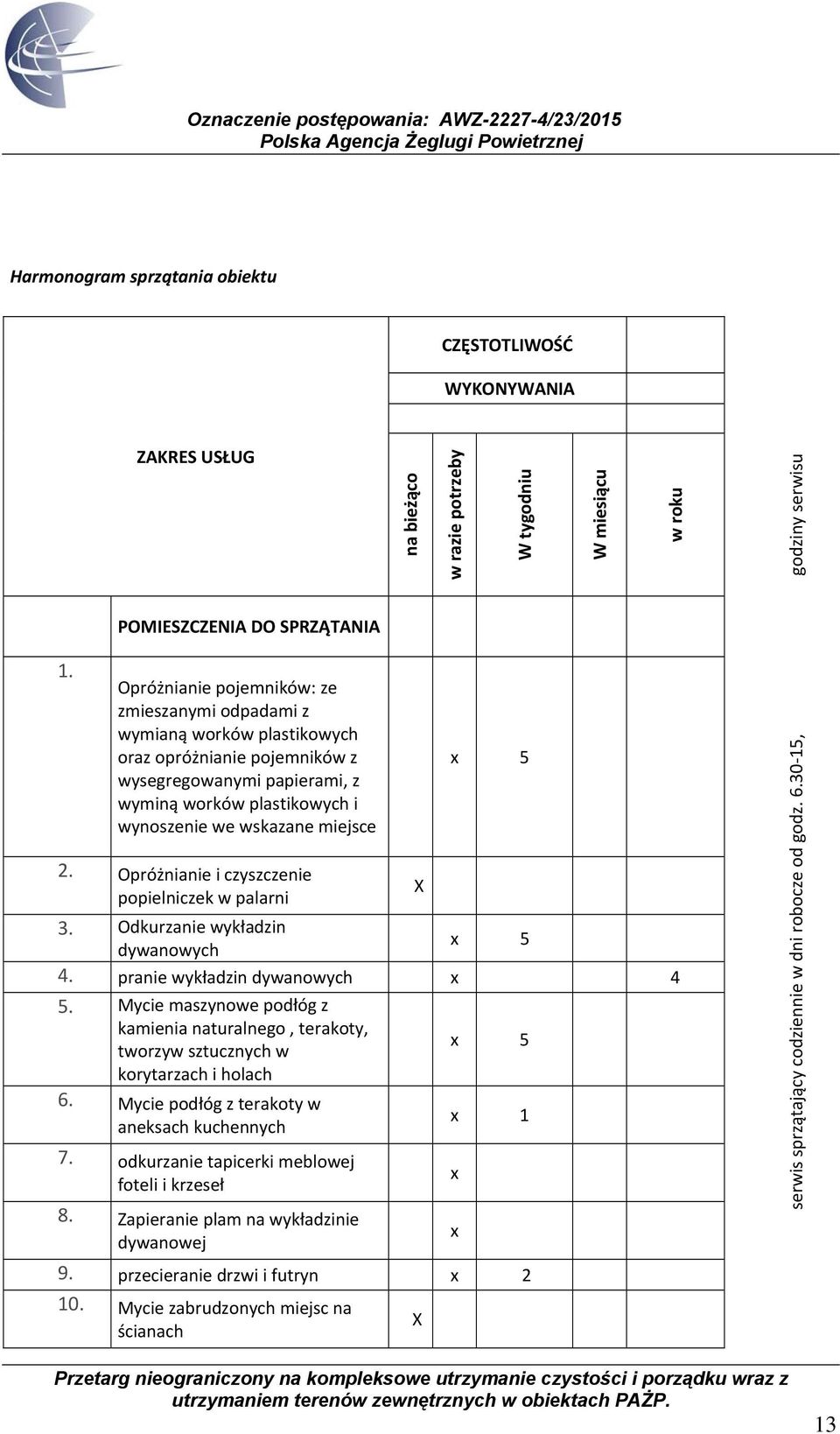 Opróżnianie i czyszczenie popielniczek w palarni X 5 3. Odkurzanie wykładzin 5 dywanowych 4. pranie wykładzin dywanowych 4 5.