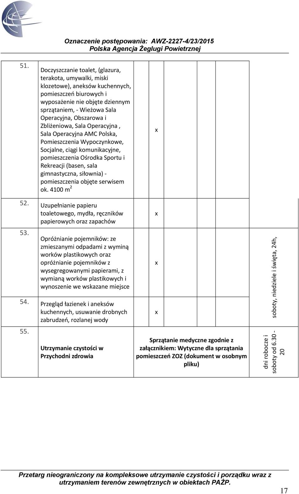 pomieszczenia objęte serwisem ok. 4100 m 2 52. Uzupełnianie papieru toaletowego, mydła, ręczników papierowych oraz zapachów 53.