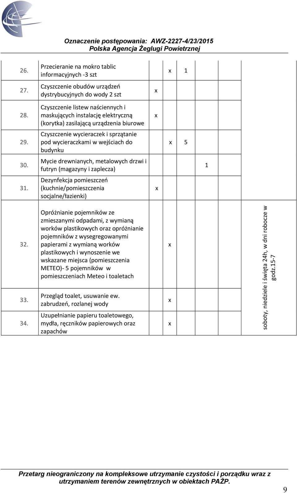 Mycie drewnianych, metalowych drzwi i futryn (magazyny i zaplecza) 1 31. Dezynfekcja pomieszczeń (kuchnie/pomieszczenia socjalne/łazienki) 32. 33. 34.