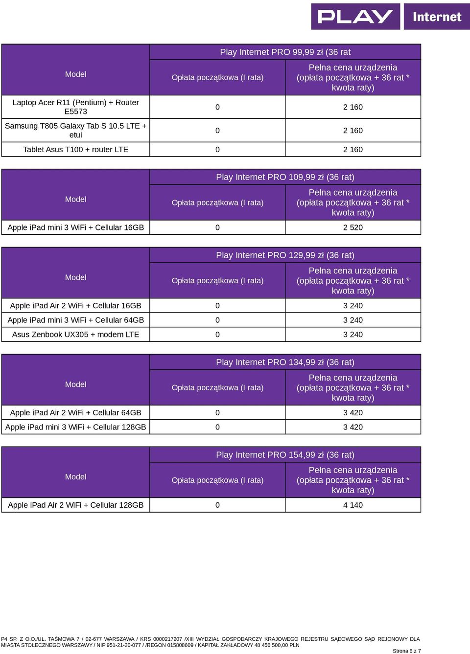 520 Play Internet PRO 129,99 zł (36 rat) Apple ipad Air 2 WiFi + Cellular 16GB 0 3 240 Apple ipad mini 3 WiFi + Cellular 64GB 0 3 240 Asus Zenbook UX305 +