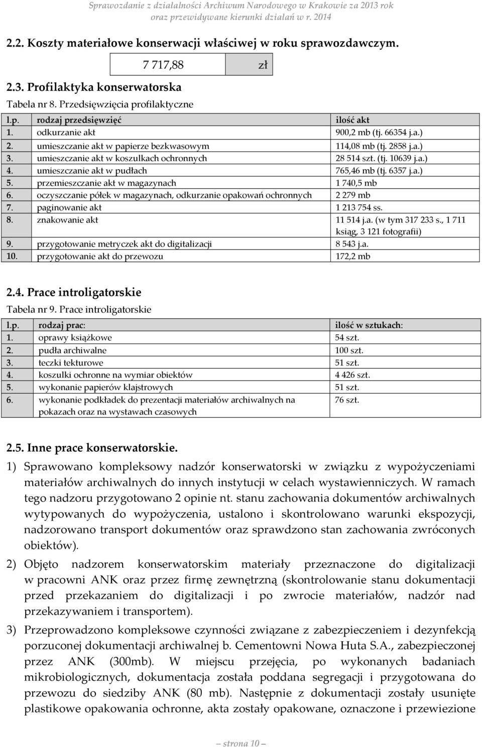 umieszczanie akt w pudłach 765,46 mb (tj. 6357 j.a.) 5. przemieszczanie akt w magazynach 1 740,5 mb 6. oczyszczanie półek w magazynach, odkurzanie opakowań ochronnych 2 279 mb 7.