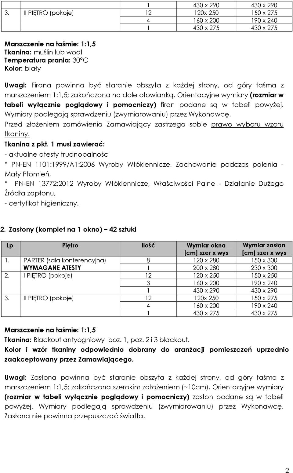 Orientacyjne wymiary (rozmiar w tabeli wyłącznie poglądowy i pomocniczy) firan podane są w tabeli powyżej. Wymiary podlegają sprawdzeniu (zwymiarowaniu) przez Wykonawcę.