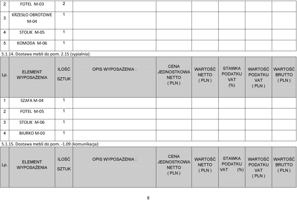 .5 (sypialnia): SZAFA M-04 FOTEL M-05 3 STOLIK M-06
