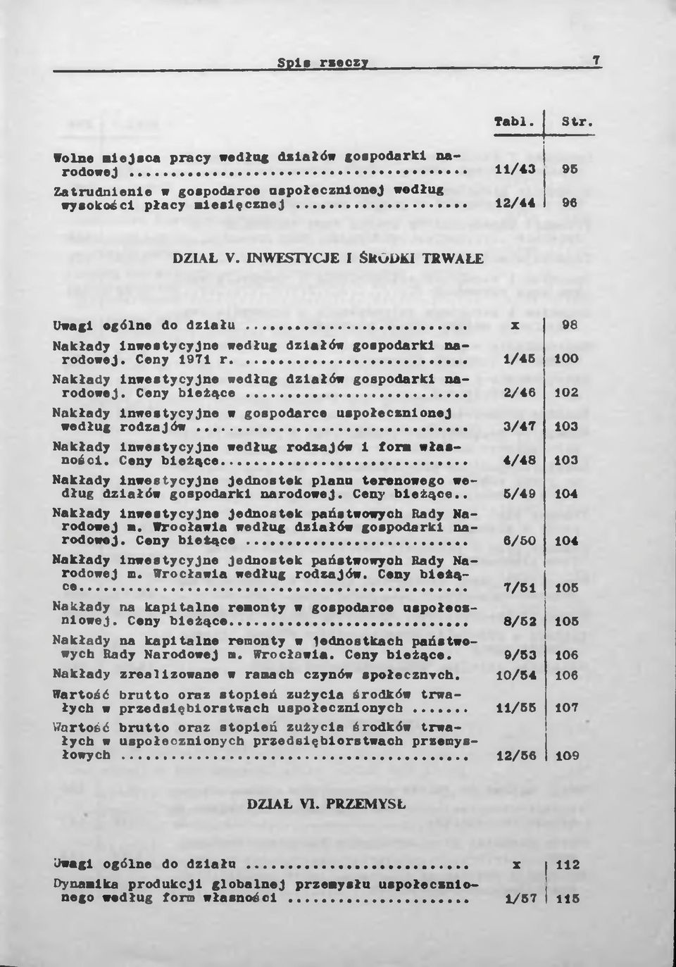 Ceny bieżące... 2/46 102 Nakłady inwestycyjne w gospodarce uspołecznionej według rodzajów... 3/47 103 Nakłady Inwestycyjne według rodzajów 1 form własności. Ceny bieżące.