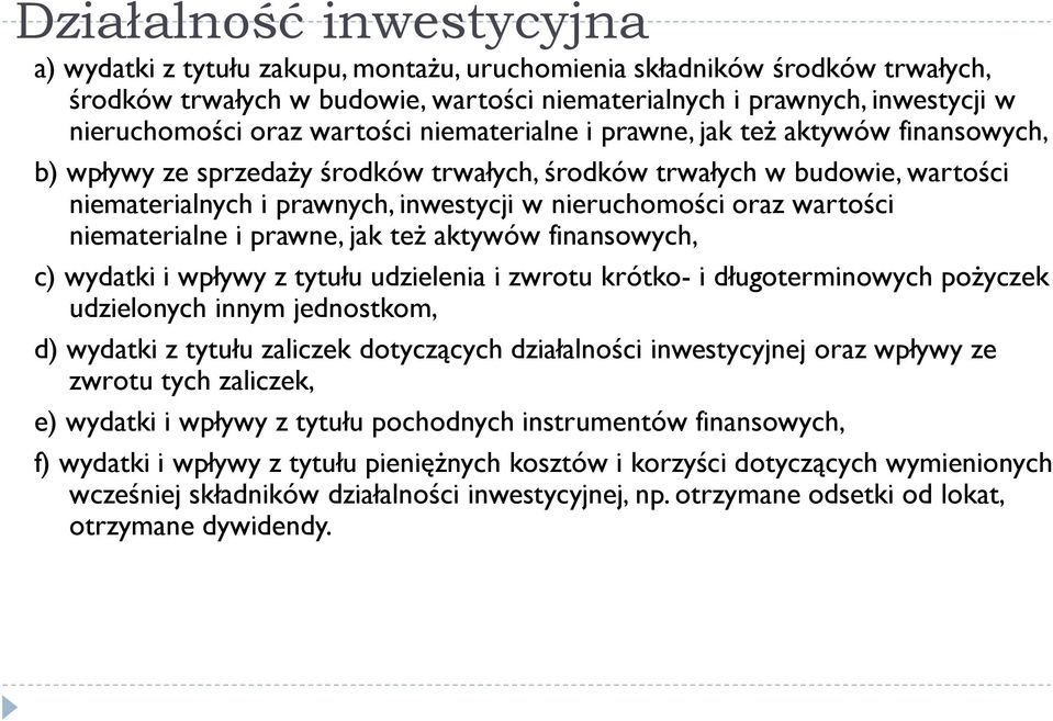 oraz wartości niematerialne i prawne, jak też aktywów finansowych, c) wydatki i wpływy z tytułu udzielenia i zwrotu krótko- i długoterminowych pożyczek udzielonych innym jednostkom, d) wydatki z