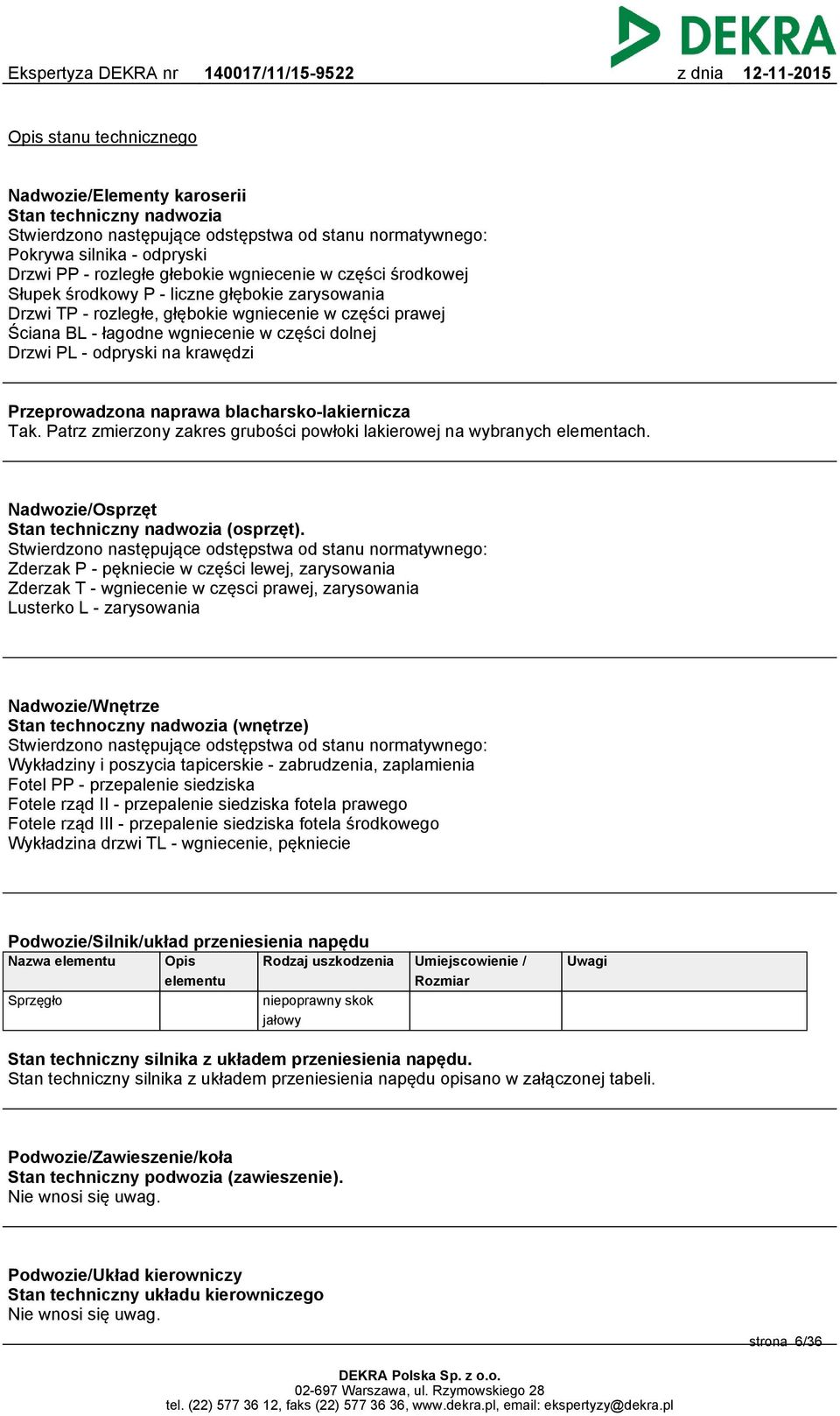 odpryski na krawędzi Przeprowadzona naprawa blacharsko-lakiernicza Tak. Patrz zmierzony zakres grubości powłoki lakierowej na wybranych elementach. Nadwozie/Osprzęt Stan techniczny nadwozia (osprzęt).