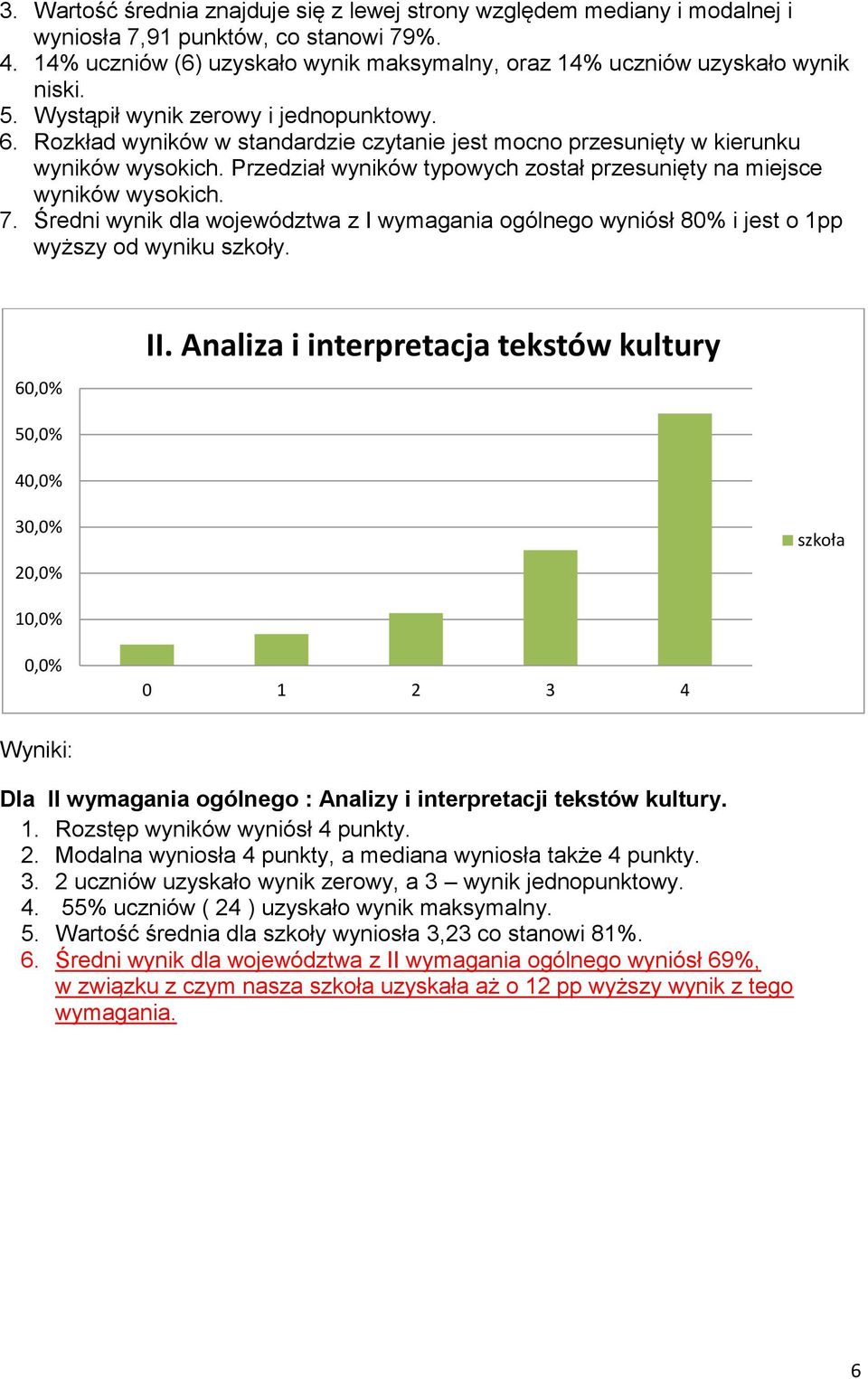 Przedział wyników typowych został przesunięty na miejsce wyników wysokich. 7. Średni wynik dla województwa z I wymagania ogólnego wyniósł 80 i jest o 1pp wyższy od wyniku szkoły. 60,0 II.