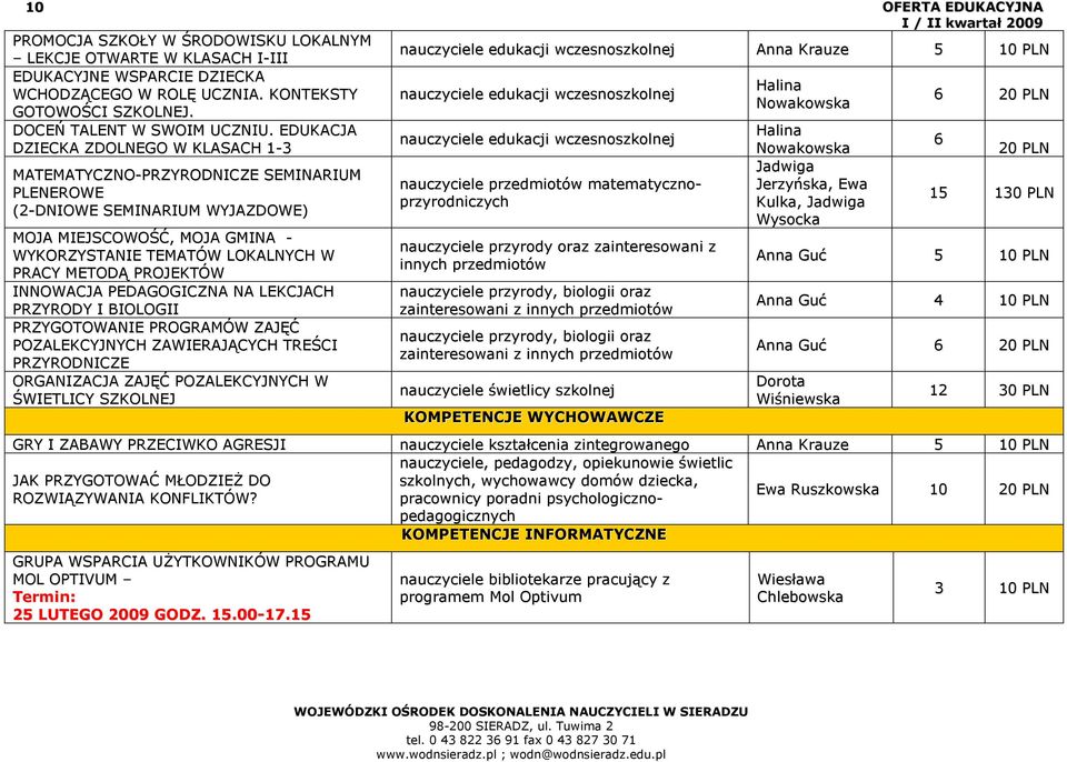 PROJEKTÓW INNOWACJA PEDAGOGICZNA NA LEKCJACH PRZYRODY I BIOLOGII PRZYGOTOWANIE PROGRAMÓW ZAJĘĆ POZALEKCYJNYCH ZAWIERAJĄCYCH TREŚCI PRZYRODNICZE ORGANIZACJA ZAJĘĆ POZALEKCYJNYCH W ŚWIETLICY SZKOLNEJ