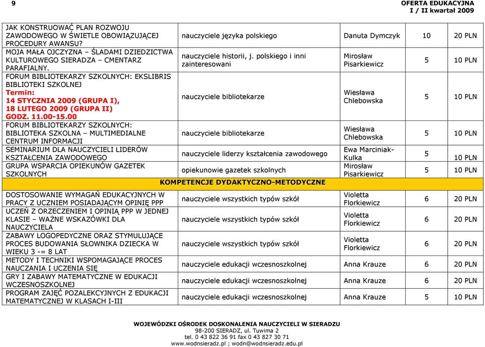 00 FORUM BIBLIOTEKARZY SZKOLNYCH: BIBLIOTEKA SZKOLNA MULTIMEDIALNE CENTRUM INFORMACJI SEMINARIUM DLA NAUCZYCIELI LIDERÓW KSZTAŁCENIA ZAWODOWEGO GRUPA WSPARCIA OPIEKUNÓW GAZETEK SZKOLNYCH DOSTOSOWANIE