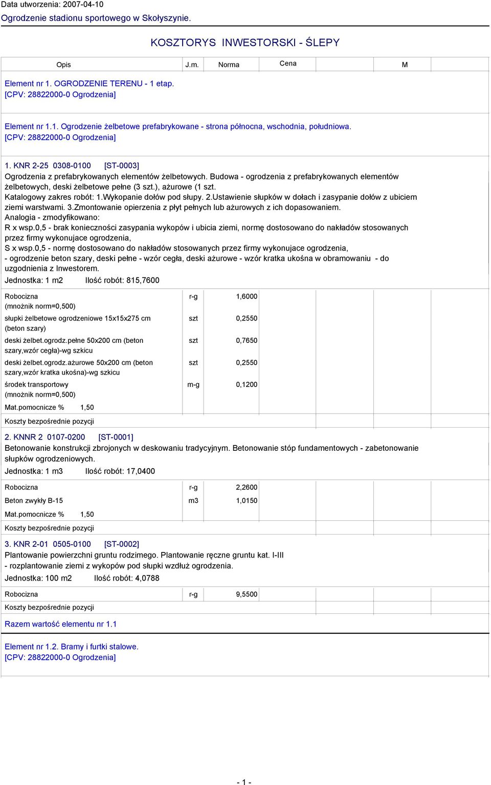 Budowa - ogrodzenia z prefabrykowanych elementów żelbetowych, deski żelbetowe pełne (3.), ażurowe (1. Katalogowy zakres robót: 1.Wykopanie dołów pod słupy. 2.