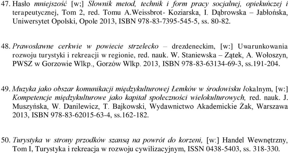 Prawosławne cerkwie w powiecie strzelecko drezdeneckim, [w:] Uwarunkowania rozwoju turystyki i rekreacji w regionie, red. nauk. W. Staniewska Zątek, A. Wołoszyn, PWSZ w Gorzowie Wlkp., Gorzów Wlkp.