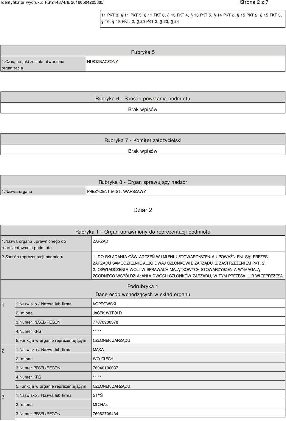 WARSZAWY Dział 2 Rubryka 1 - Organ uprawniony do reprezentacji podmiotu 1.Nazwa organu uprawnionego do reprezentowania podmiotu 2.Sposób reprezentacji podmiotu ZARZĄD 1.