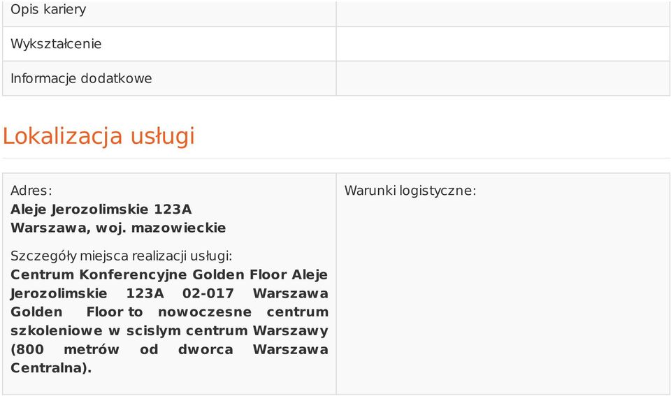 mazowieckie Warunki logistyczne: Szczegóły miejsca realizacji usługi: Centrum Konferencyjne